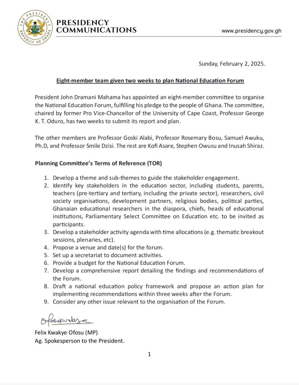 President Mahama Appoints Eight-Member Committee to Plan National Education Forum